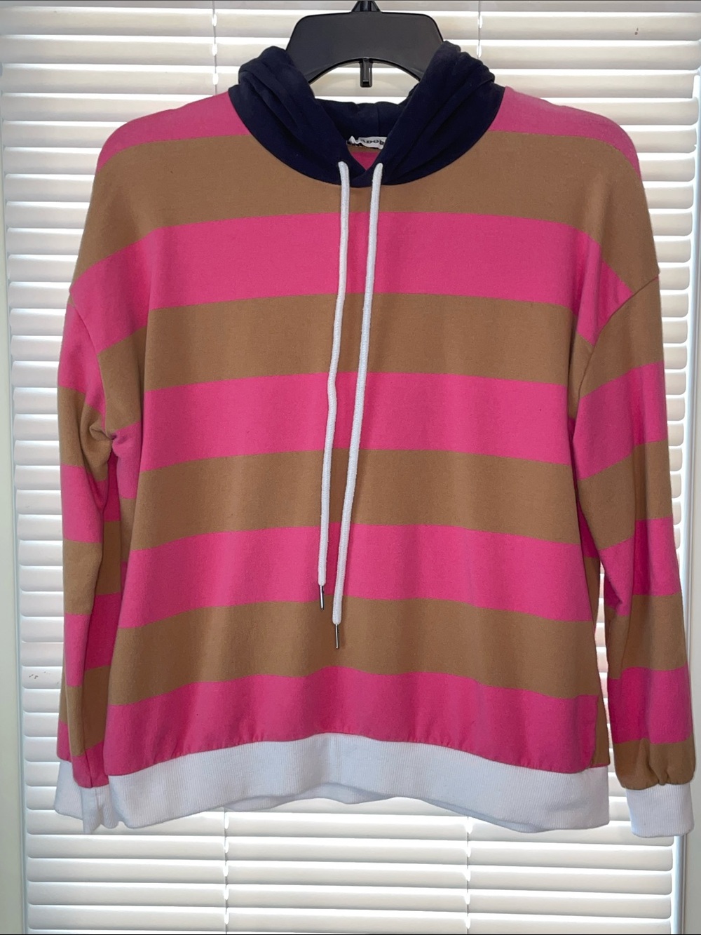 ADORA Pink & Brown Striped Hoodie with Navy Hood